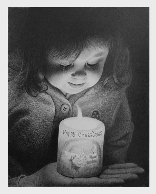 枝川真理の鉛筆画教室受講生の作品　ロウソクの炎に願いを込めている小さな女の子