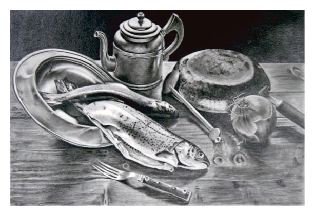 枝川真理の鉛筆画教室生徒作品,アンティーク食器と鮭