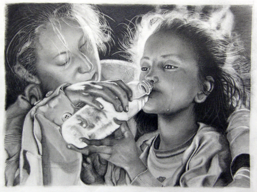 鉛筆画教室、生徒さん練習作・講師、枝川真理,水を飲む少女