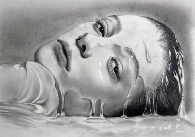 枝川真理の鉛筆画教室生徒作品,女性と水の表現