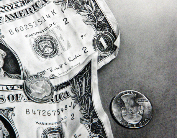 枝川真理の鉛筆画米ドル紙幣とコイン２