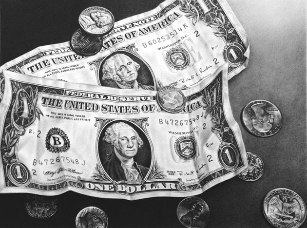 枝川真理の鉛筆画米ドル紙幣とコイン