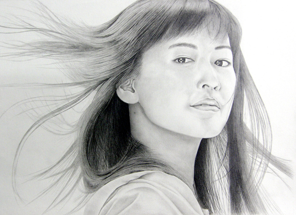 枝川真理の鉛筆画教室生徒作品,紙の毛をなびかせた女性