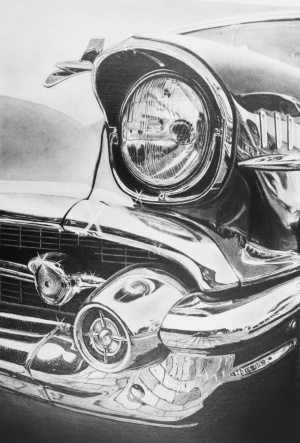 枝川真理の鉛筆画教室生徒作、クラッシックカー1950年代のアメリカ車