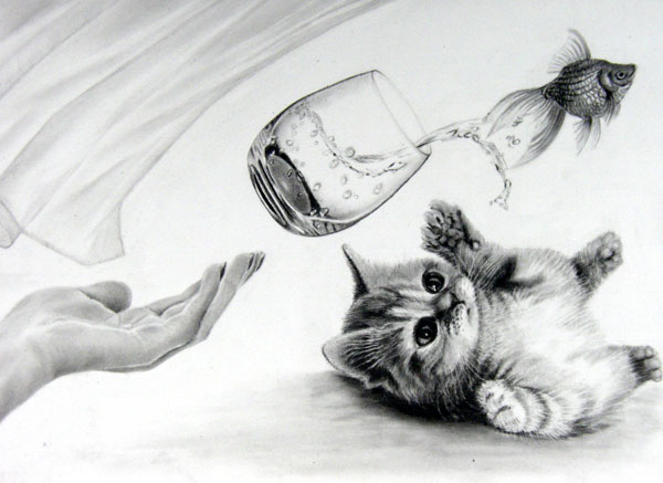 越智さんの猫とグラスと金魚の鉛筆画