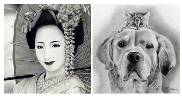 枝川真理の鉛筆画教室、生徒作・舞子さんと犬