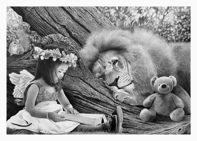 枝川真理の鉛筆画教室受講生の作品　少女とライオン