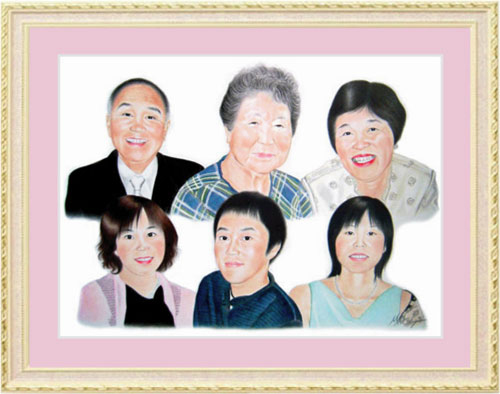 結婚式でおばあちゃんを囲んだ家族の似顔絵