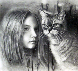 枝川真理の鉛筆画教室生徒作品,猫と少女