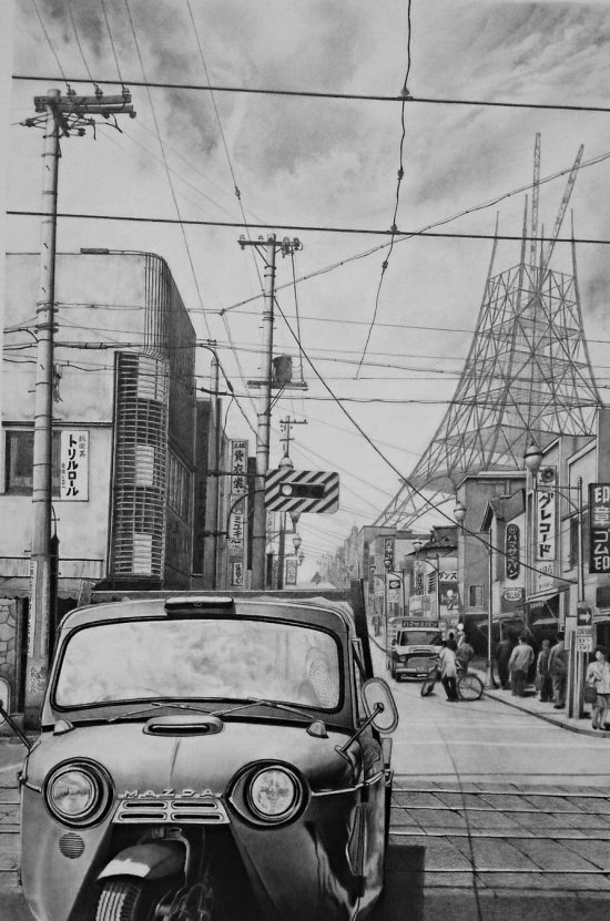 鉛筆画教室、生徒さん練習作・講師、枝川真理、昭和のレトロな東京の街