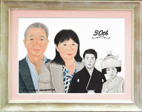 真珠婚式のお祝いに両親へ似顔絵プレゼント
