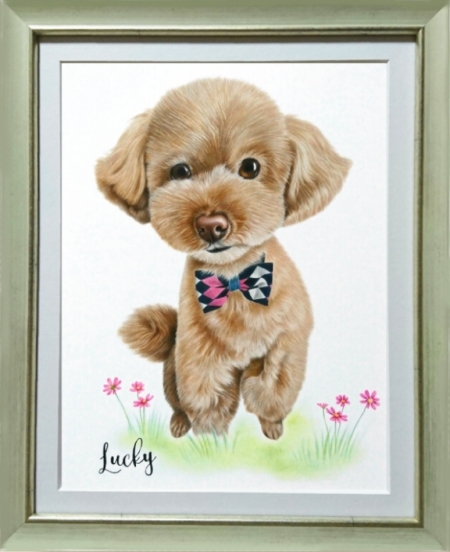 トイプードルのラッキーちゃん、愛犬の絵、ペットの絵
