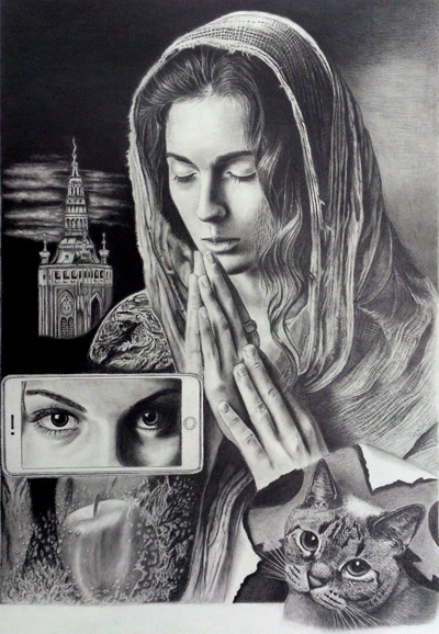 枝川真理の鉛筆画教室生徒作品,祈る女性