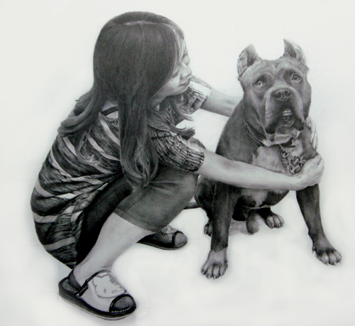 枝川真理の鉛筆画教室生徒作品,子供と犬