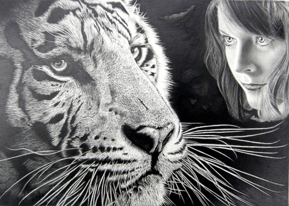 枝川真理の鉛筆画教室生徒作品,タイガーと女性